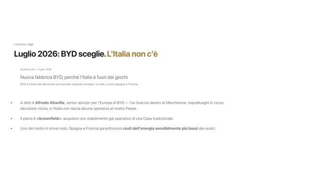 Slide: luglio 2026, BYD sceglie. L'Italia non c'è. Nuova fabbrica BYD in Europa, il piano è acquisire uno stabilimento già operativo: in corsa Spagna e Francia, per i costi dell'energia più bassi.