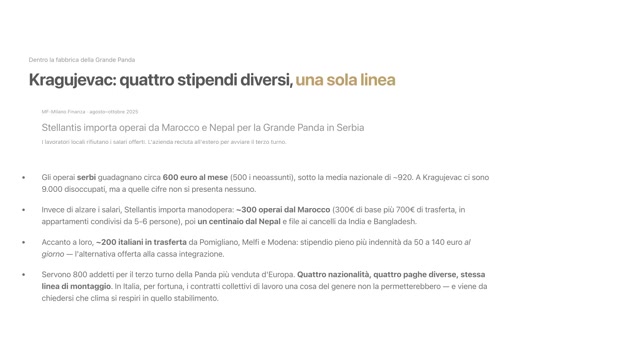 Slide: Kragujevac, quattro stipendi diversi, una sola linea. Secondo Milano Finanza, Stellantis importa operai da Marocco e Nepal per la Grande Panda in Serbia perché i lavoratori locali rifiutano i salari offerti.