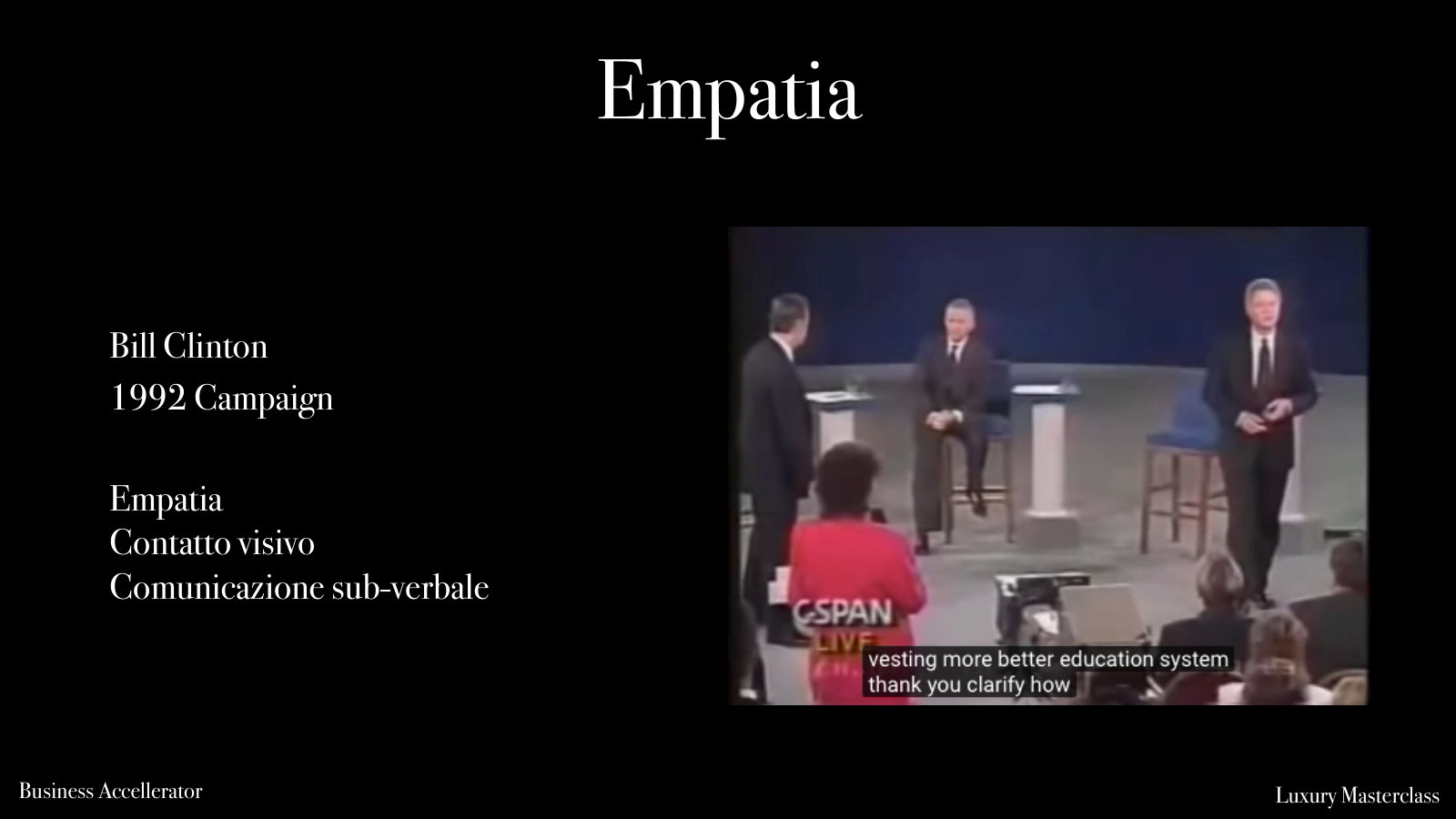 Bill Clinton nel dibattito del 1992: empatia, contatto visivo, comunicazione non verbale.
