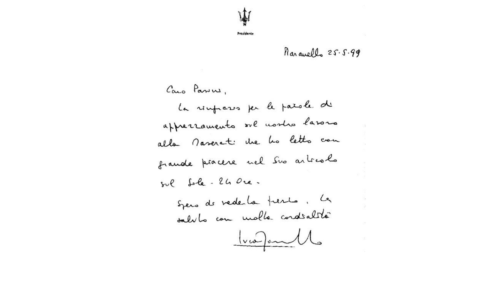 La lettera scritta a mano da Luca Cordero di Montezemolo, 1999.