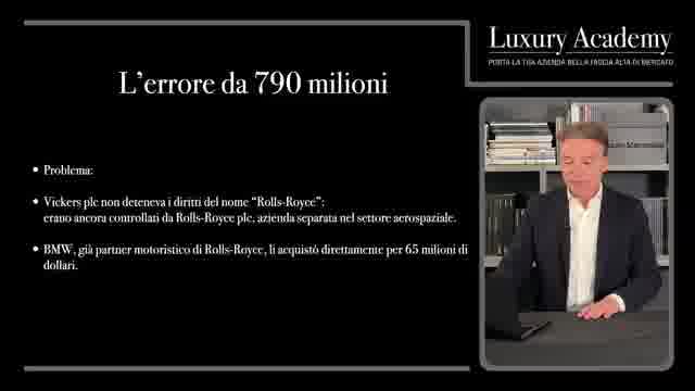 Slide: l'errore da 790 milioni, il problema. Vickers plc non deteneva i diritti del nome Rolls-Royce: erano controllati da Rolls-Royce plc, azienda separata nel settore aerospaziale. BMW, già partner motoristico di Rolls-Royce, li acquistò per 65 milioni di dollari.