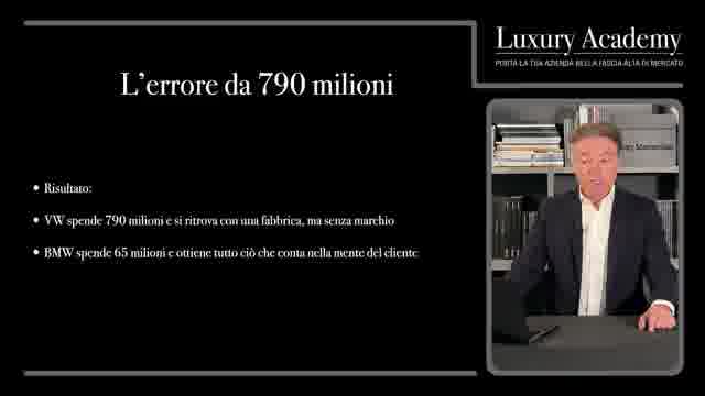 Slide: l'errore da 790 milioni, il risultato. Volkswagen spende 790 milioni e si ritrova con una fabbrica senza marchio. BMW spende 65 milioni e ottiene tutto ciò che conta nella mente del cliente.