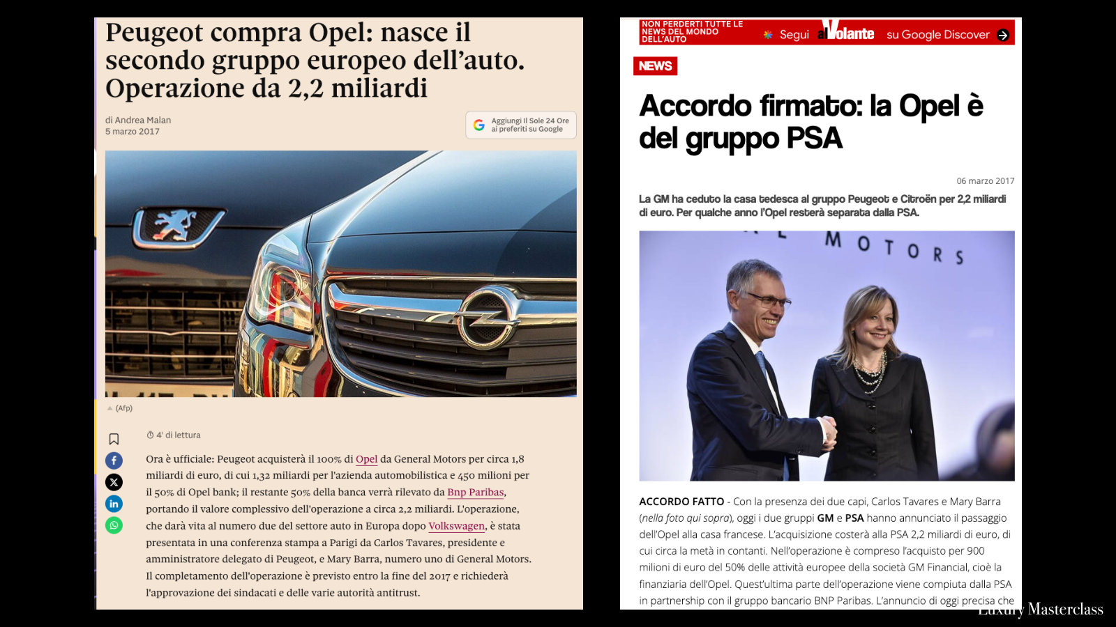 2017: PSA compra Opel da General Motors per 2,2 miliardi.