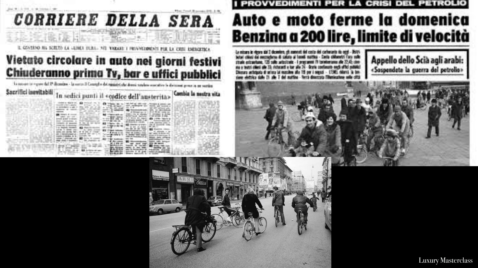 Corriere della Sera in 1980: petrol at 200 lire, cars and motorbikes off the road on Sundays.